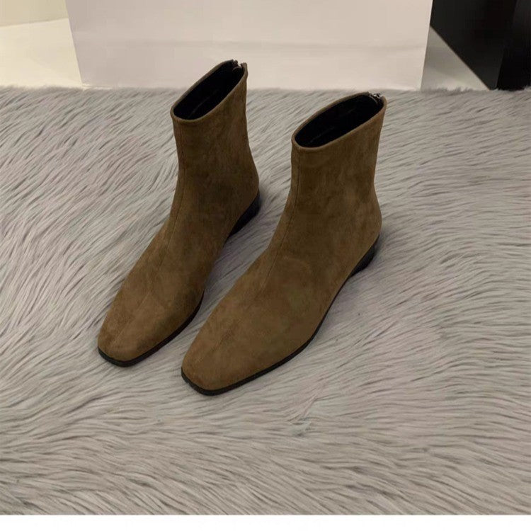 Women's Chunky Heel Suede Fleece-Lined Square Toe Ankle Boots – Back Zipper Winter Boots