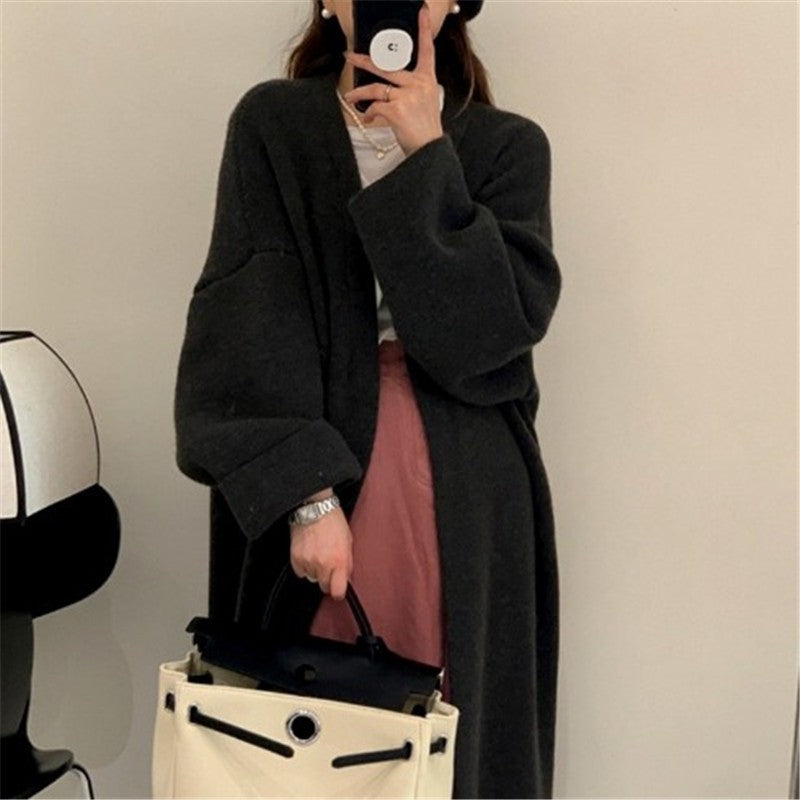 Oversized Solid Color Knee-Length Knit Cardigan Coat
