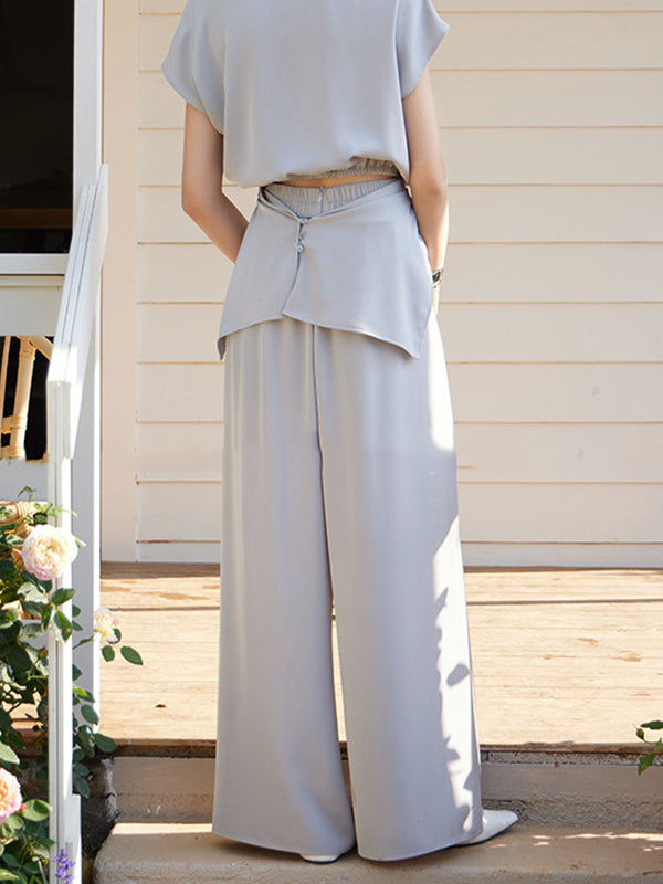 High Waisted Wide Leg Elasticity Pleated Solid Color Pants Trousers
