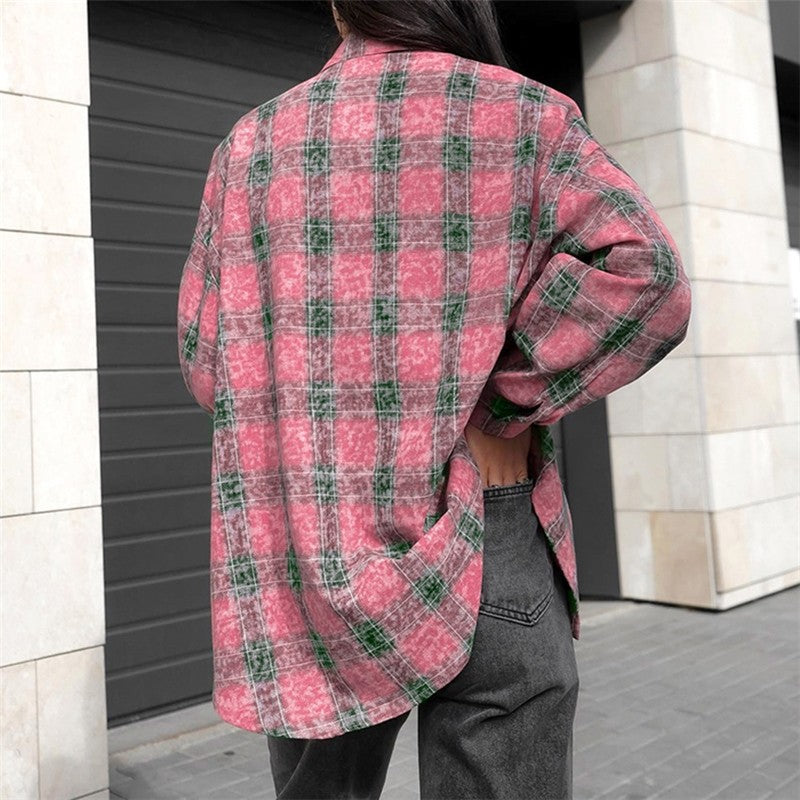 Relaxed Fit Plaid Long Sleeve Women's Shirt