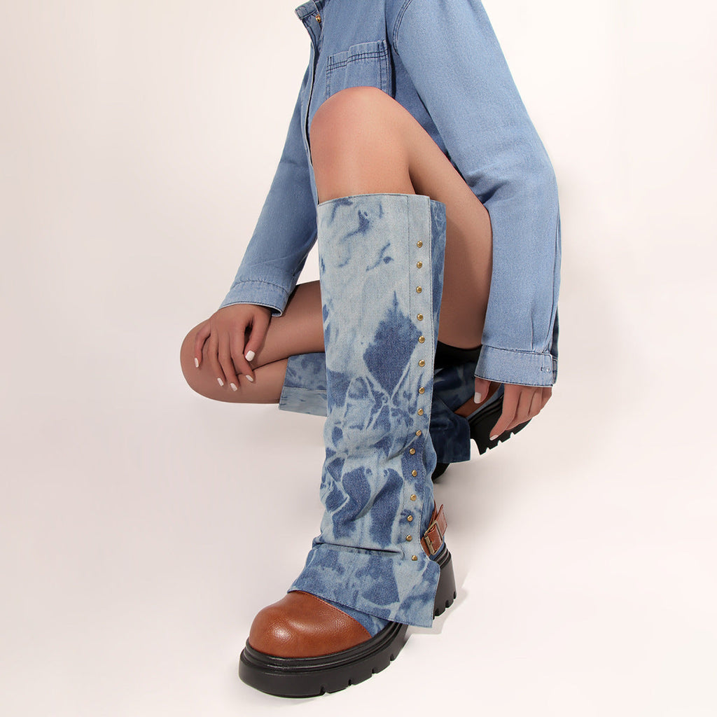 Women's Round Toe Studded Chunky Platform Boots | Low-Top Slip-On | Dark Blue, Purple, Green