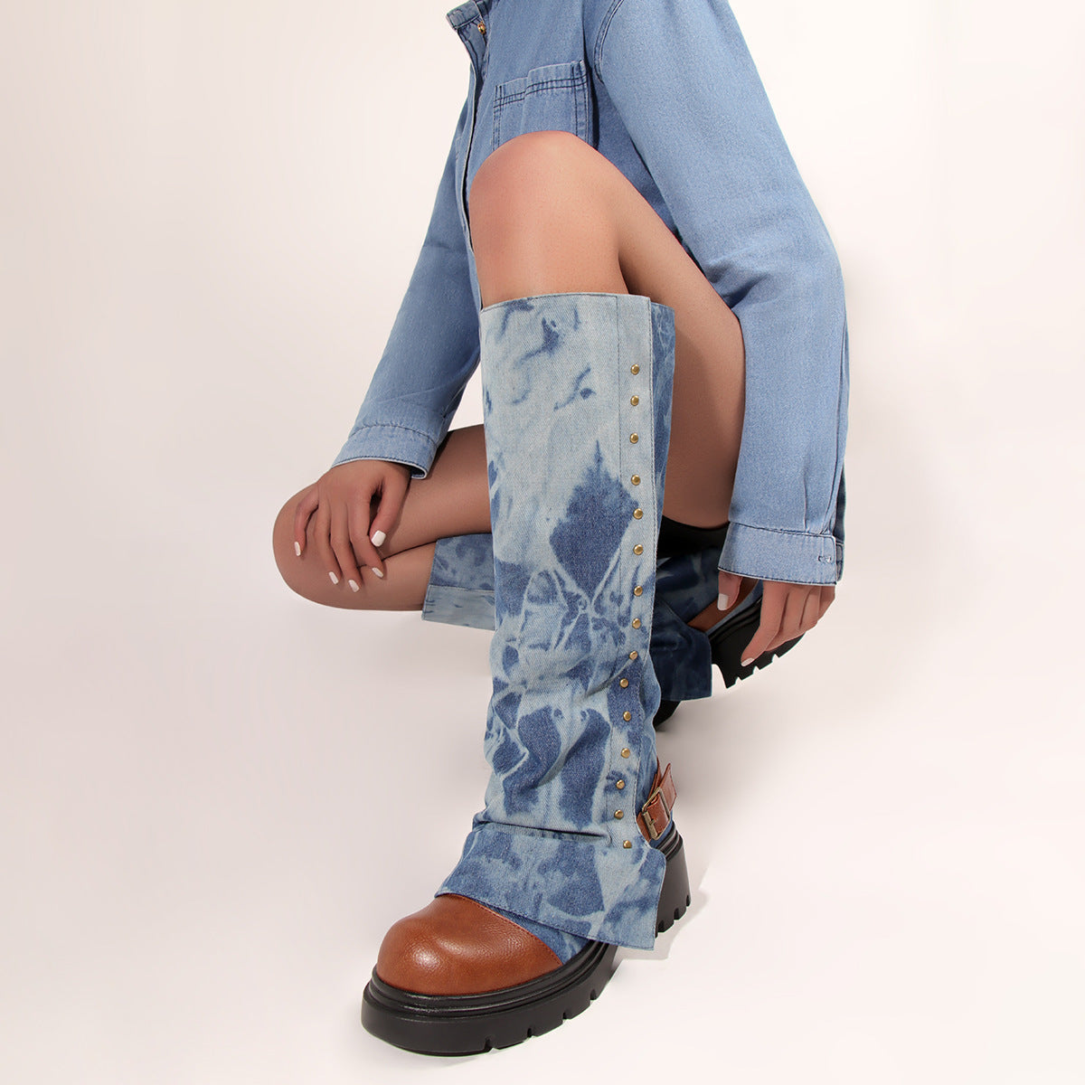 Women's Round Toe Studded Chunky Platform Boots | Low-Top Slip-On | Dark Blue, Purple, Green