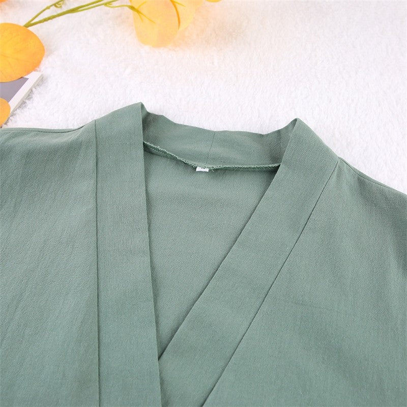 Solid Color Long Sleeve Waist-Tied Short Robe Loungewear
