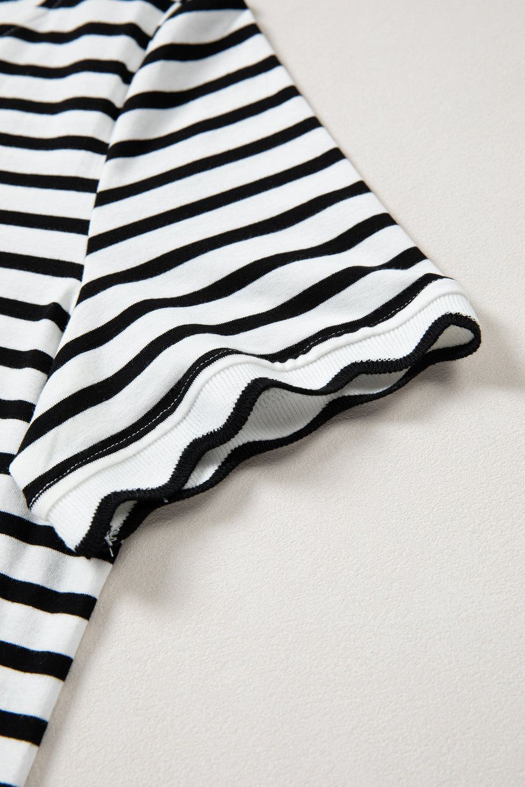 Black Stripe Scalloped Trim Round Neck T Shirt