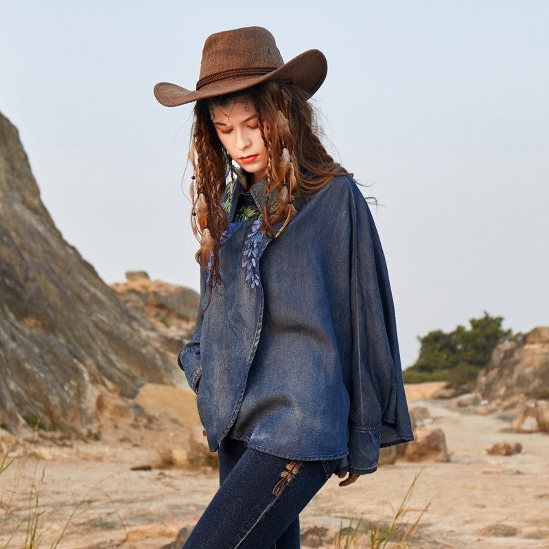 Embroidered Denim Blouse with Vintage Flair