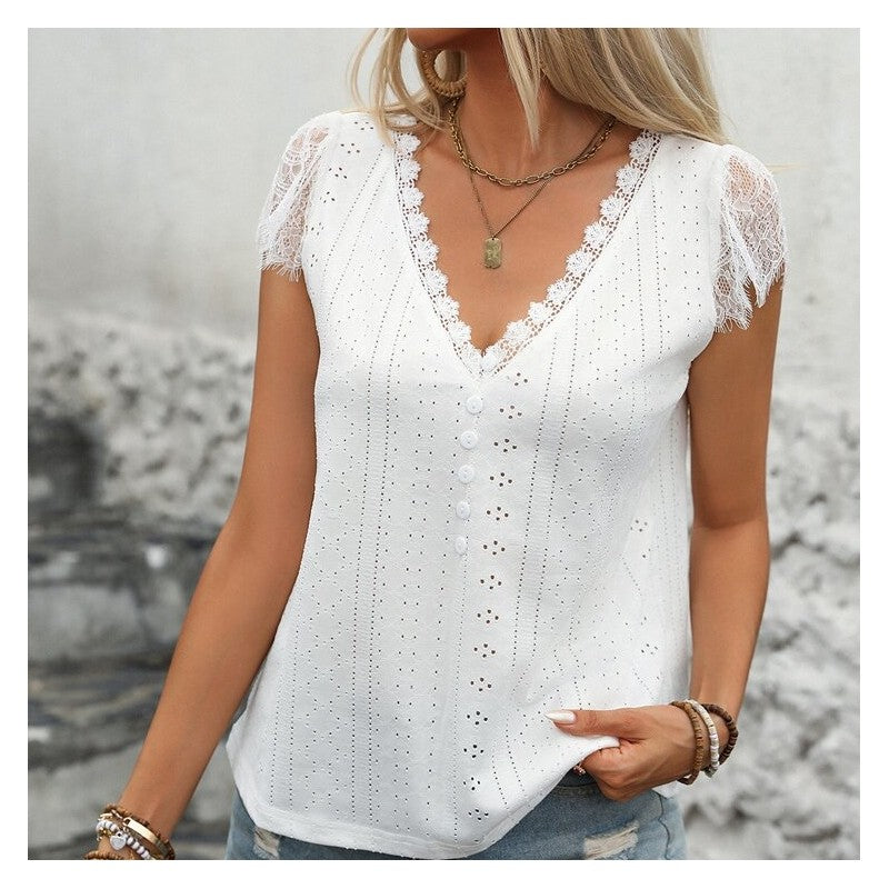 Solid Color V-Neck Lace Patchwork Short Sleeve T-Shirt