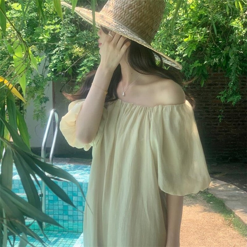 Solid Color Bubble Sleeve One-Shoulder Strap Pleated Dress