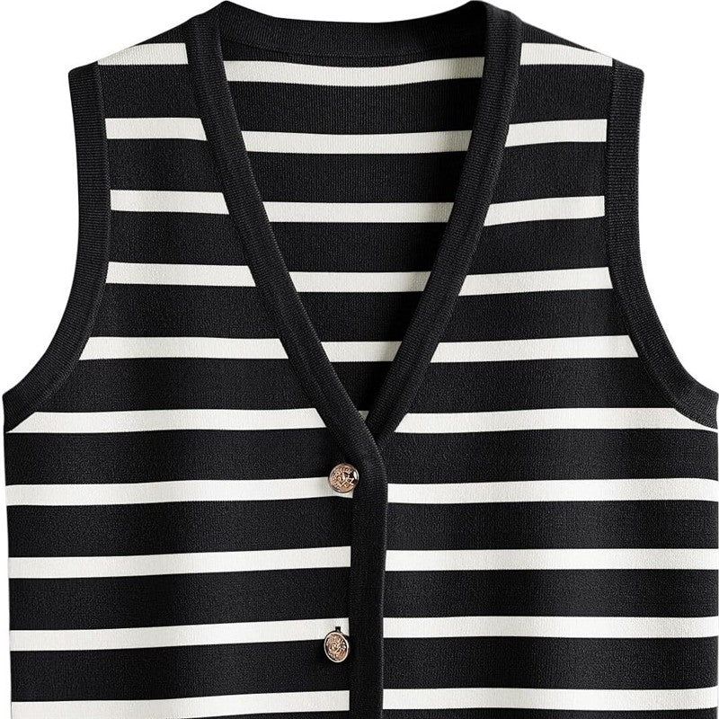 Chic Striped Sleeveless Button-Up Cardigan