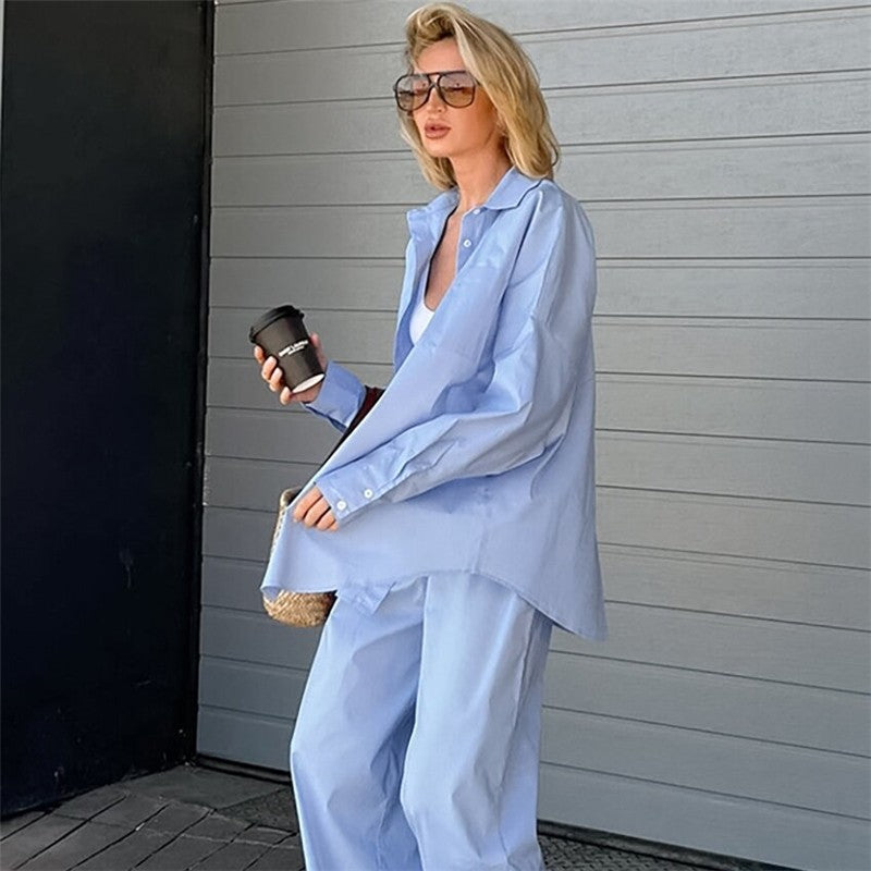 Casual Solid Color Shirt and Pants Ensemble