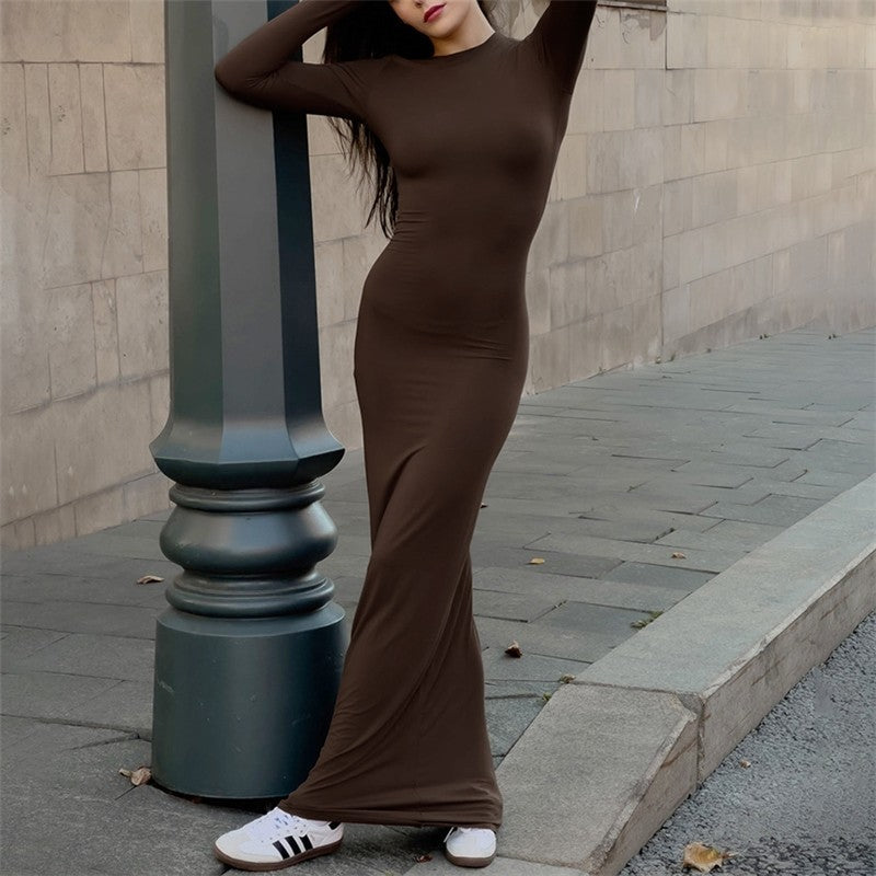 Solid Color Long Sleeve Knitted Bodycon Maxi Dress with Crewneck