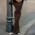 Solid Color Long Sleeve Knitted Bodycon Maxi Dress with Crewneck