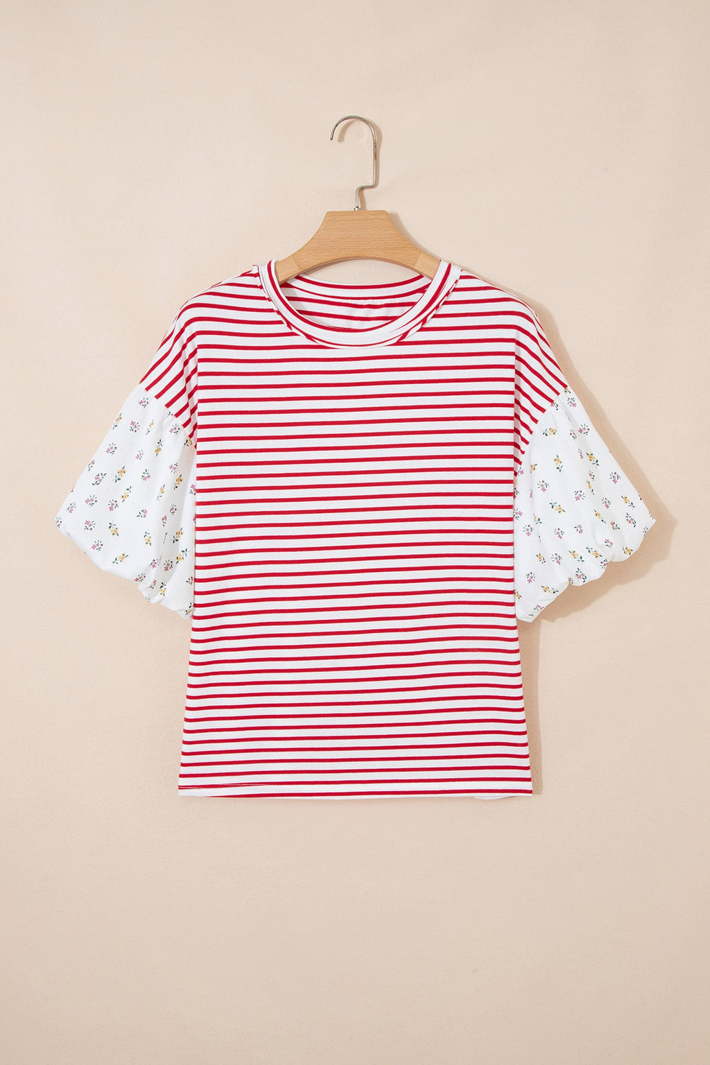 Red Stripe Floral Puff Sleeve Patchwork Round Neck Loose Top