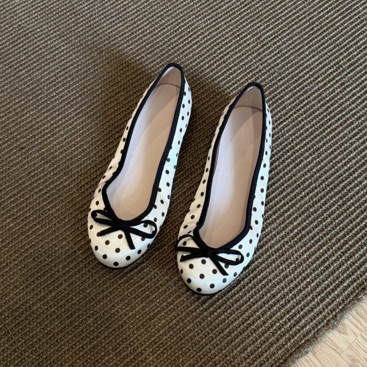 Women's Polka-Dot Bowtie Flat Shoes - Satin Round Toe Slip-On Flats