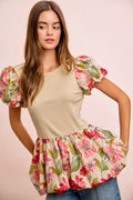 Floral Printed Bubble Sleeves and Hem Peplum Top