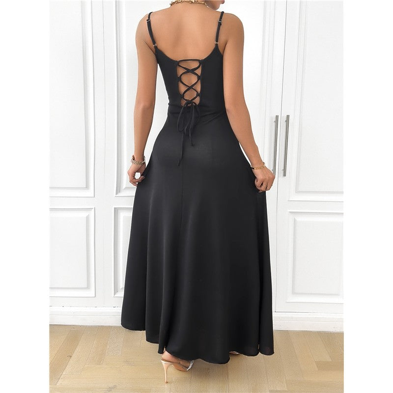 Solid Color Spaghetti Strap Sleeveless Backless Bandage Maxi Dress