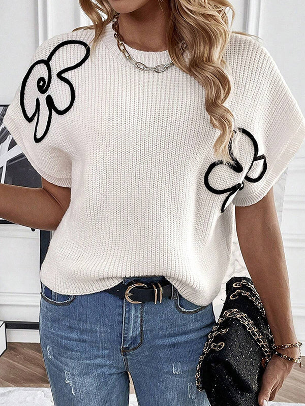 Loose Short Sleeves Knitted Flower Round-Neck Pullovers Sweater Tops