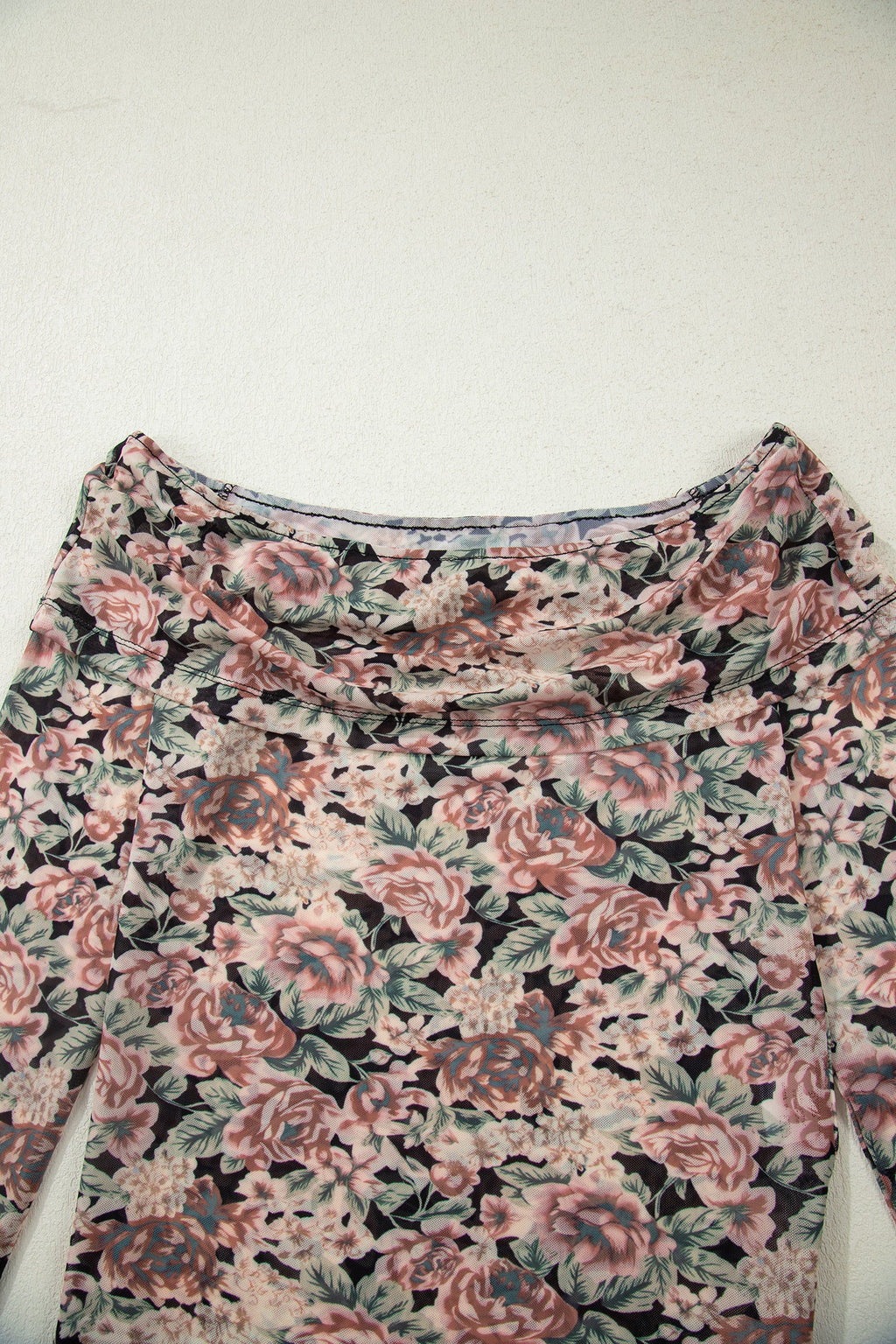 Black Floral Print Mesh Long Sleeve Foldover Off Shoulder Top