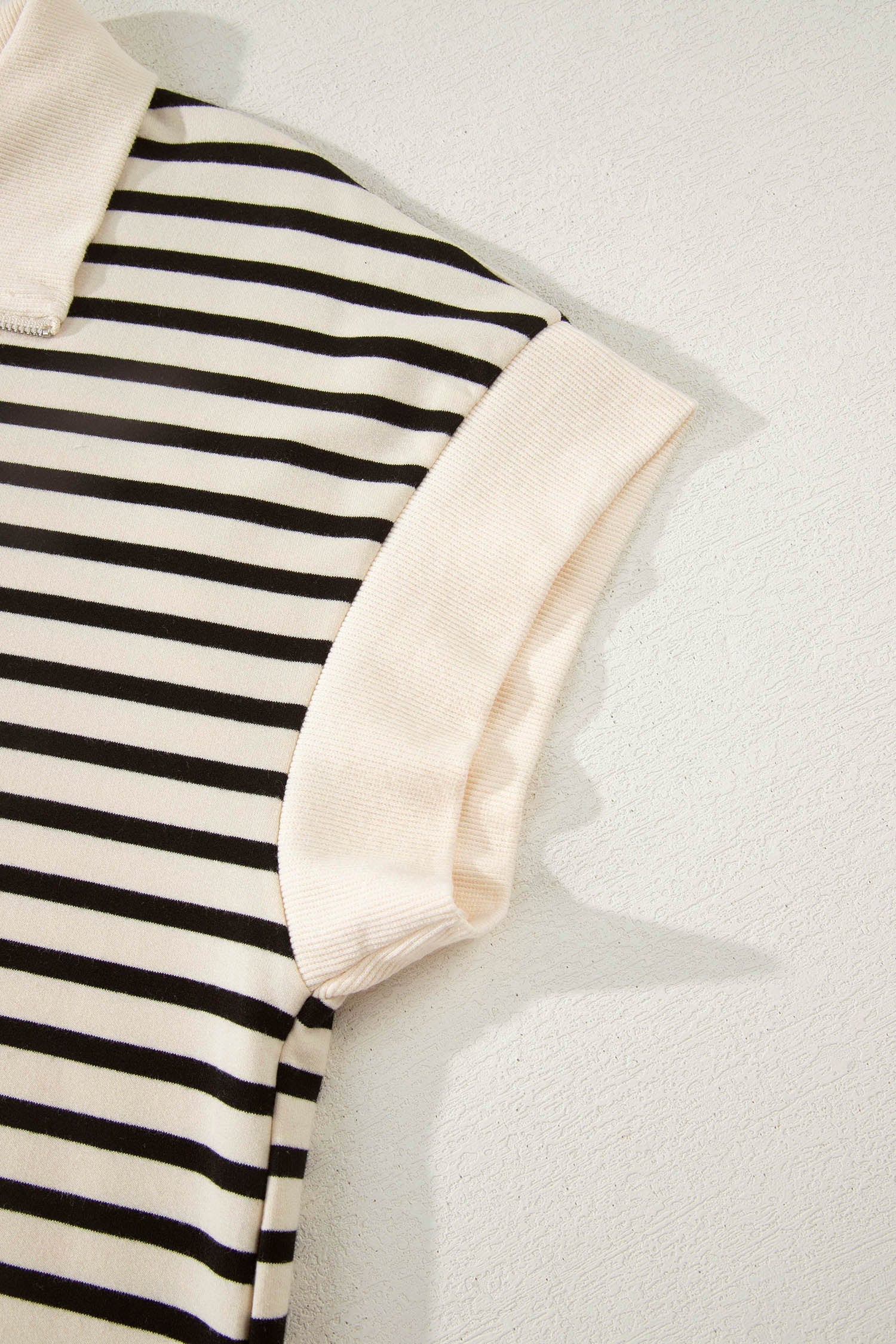 Black Stripe Ribbed Color Block Trim Zip Polo Tee Drawstring Shorts 2pcs Outfit