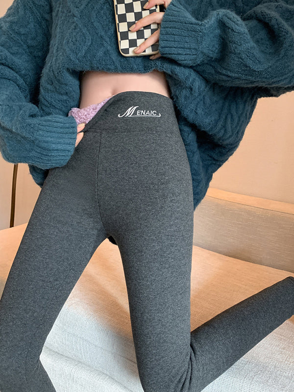 Casual Warm With Velvet Solid Color Skinny Leggings