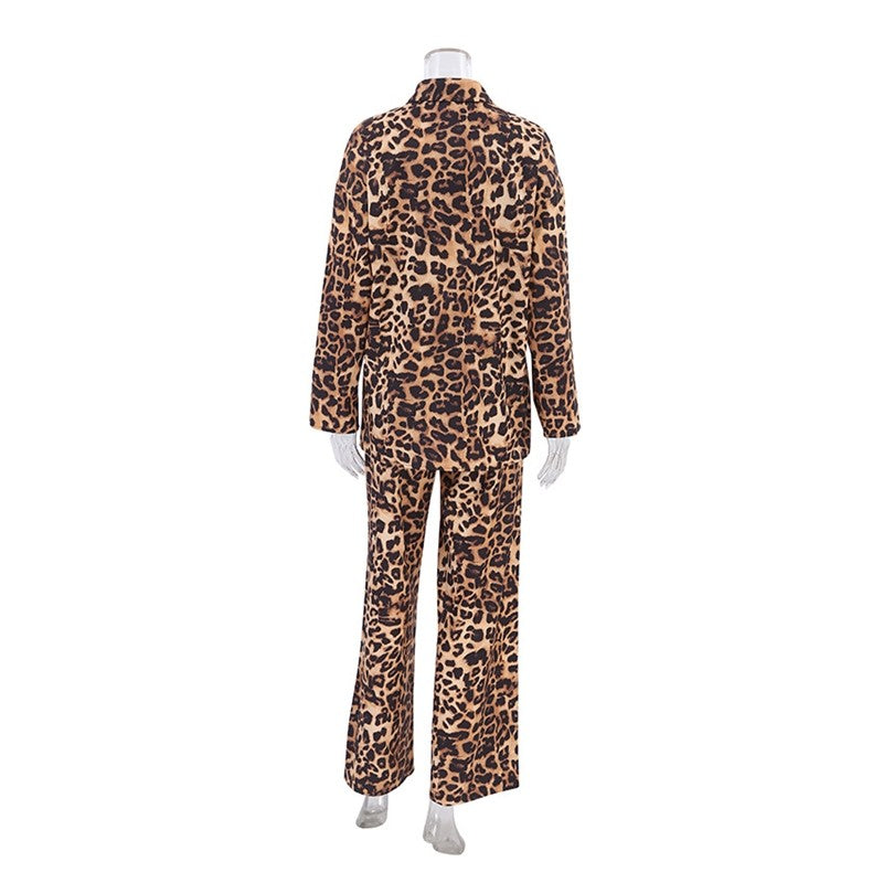 Leopard Print Long Sleeve Top and Trousers Ensemble