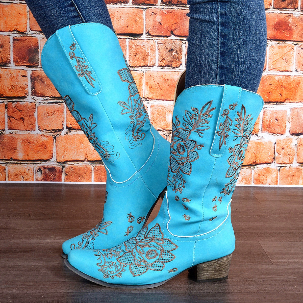 Women's Embroidered Ethnic Mid-Calf Boots - Comfortable Chunky Heel Square Toe