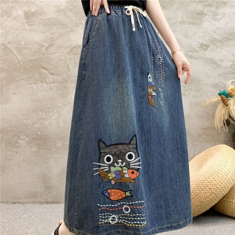 Embroidered Floral High-Waisted Denim Skirt
