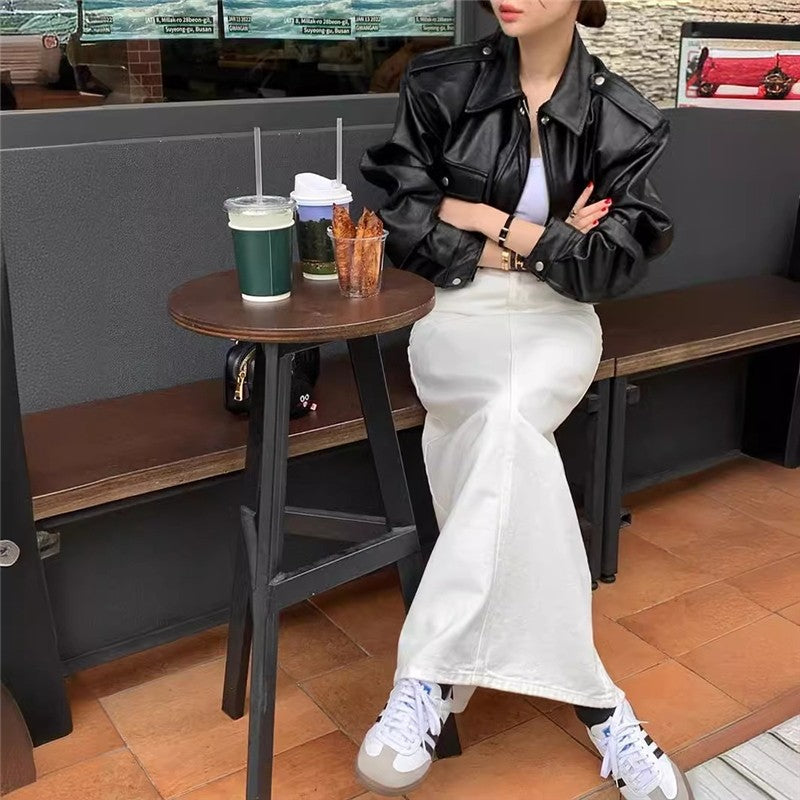 High-Waisted Back-Slit Midi Skirt in Solid Color