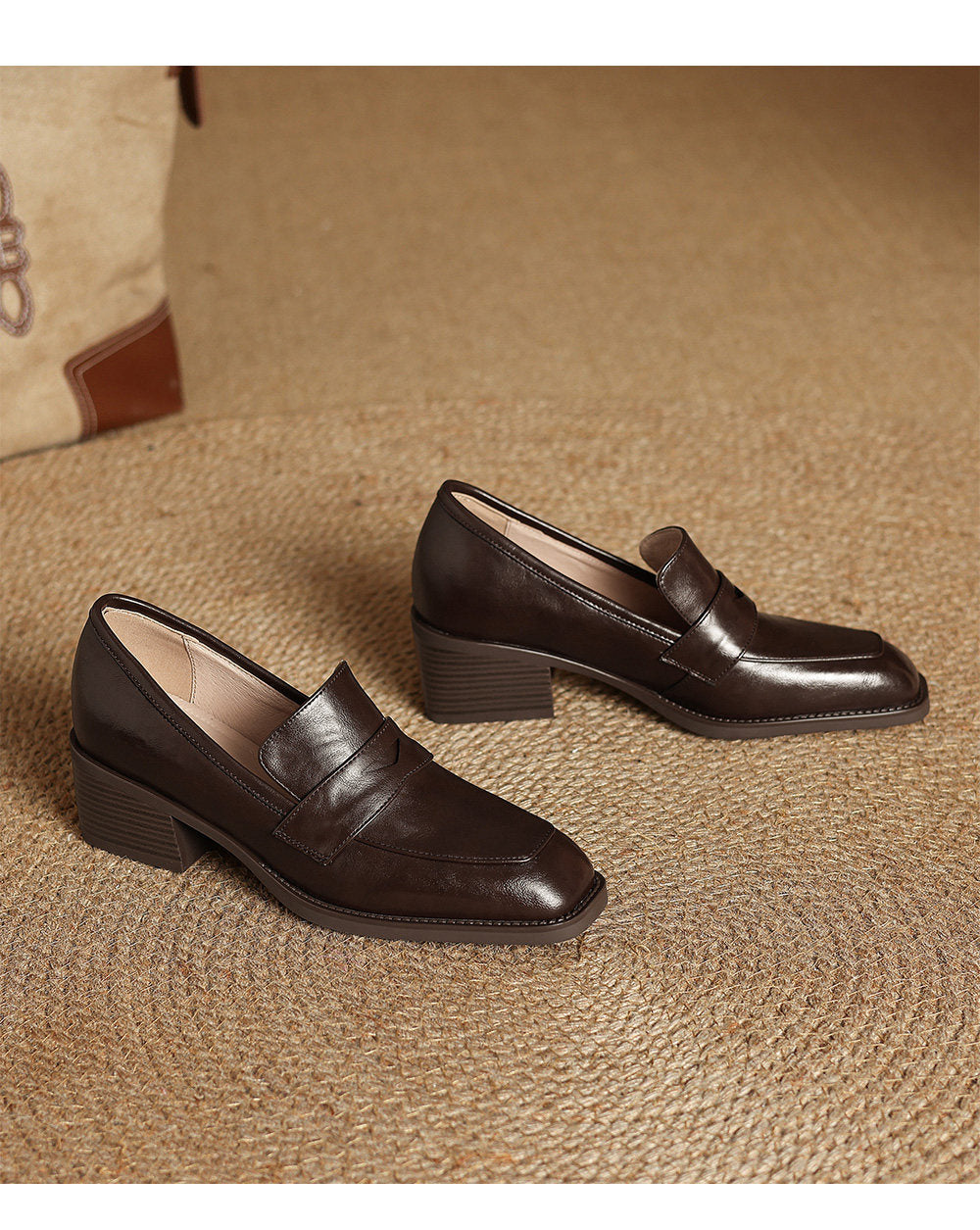 Women's Retro Square-Toe Chunky-Heel Slip-On Loafers – Sheepskin Leather