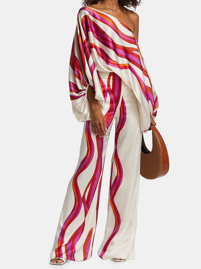 Urban Wide Leg Printed Off-The-Shoulder Blouse and Casual Pants Set