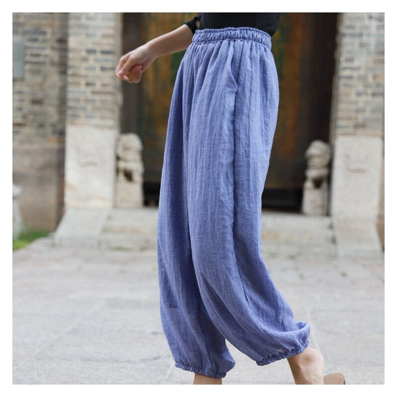 Loose Lantern Pants with Elastic Waist - Solid Color