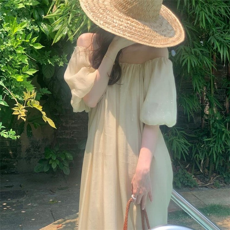 Solid Color Bubble Sleeve One-Shoulder Strap Pleated Dress