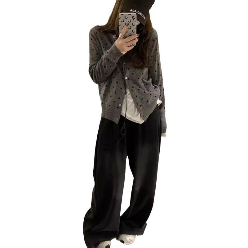 Round Neck Polka Dot Jacquard Knit Cardigan