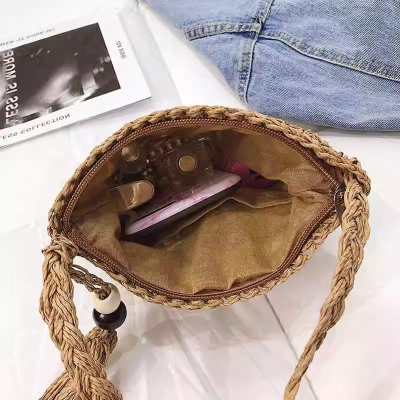 Handwoven Straw Square Shoulder Bag | Compact Woven Crossbody for Women