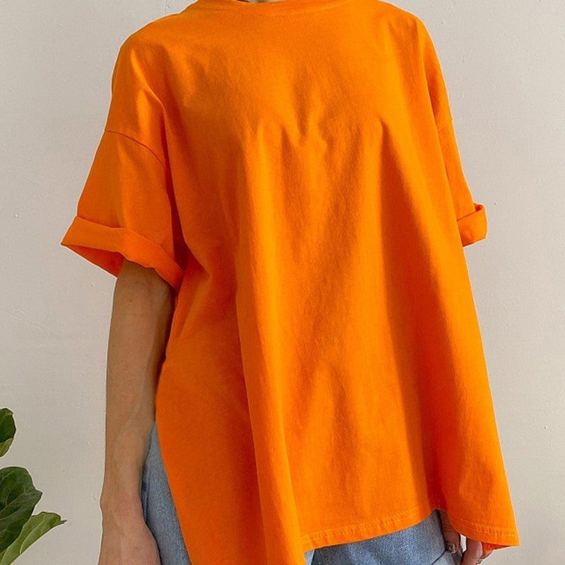 Casual Loose Crewneck T-Shirt with Side Slit - Solid Color