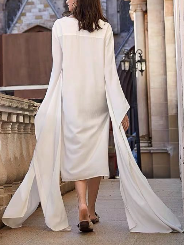 High-Low Long Sleeves Solid Color V-Neck Maxi Dresses