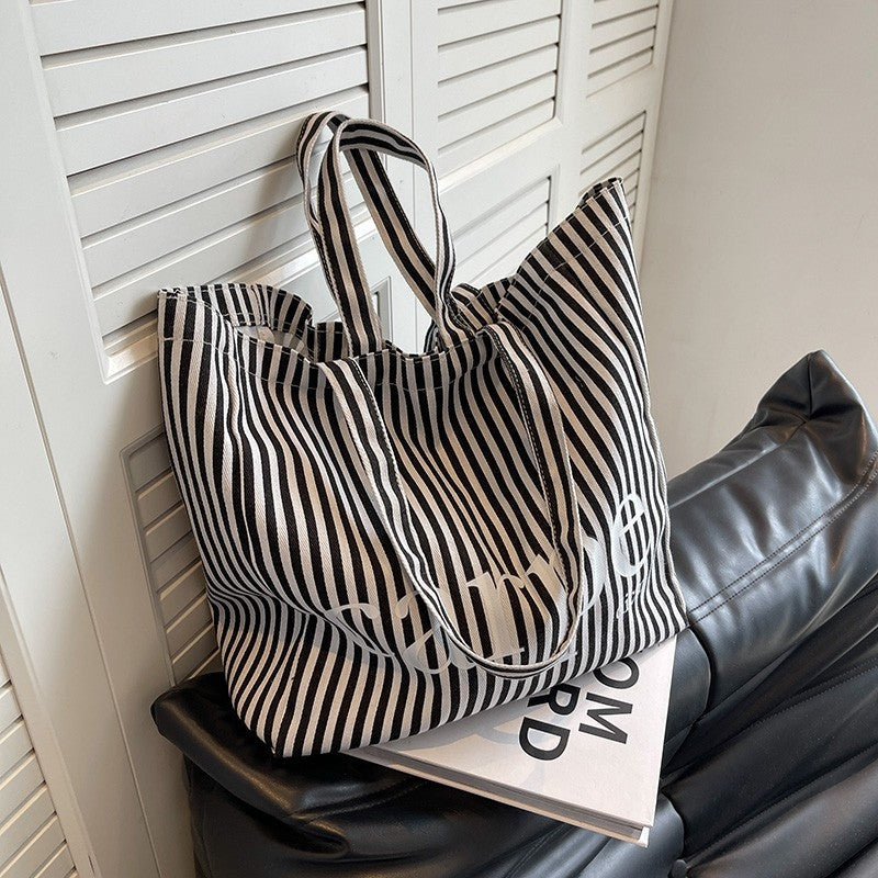 Striped Letter Canvas Tote Bag with Large Capacity