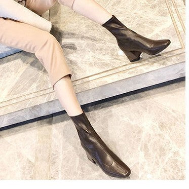 Women's Minimalist Over-the-Knee Boots | Square Toe Chunky Heel Side Zipper | Black & Dark Brown