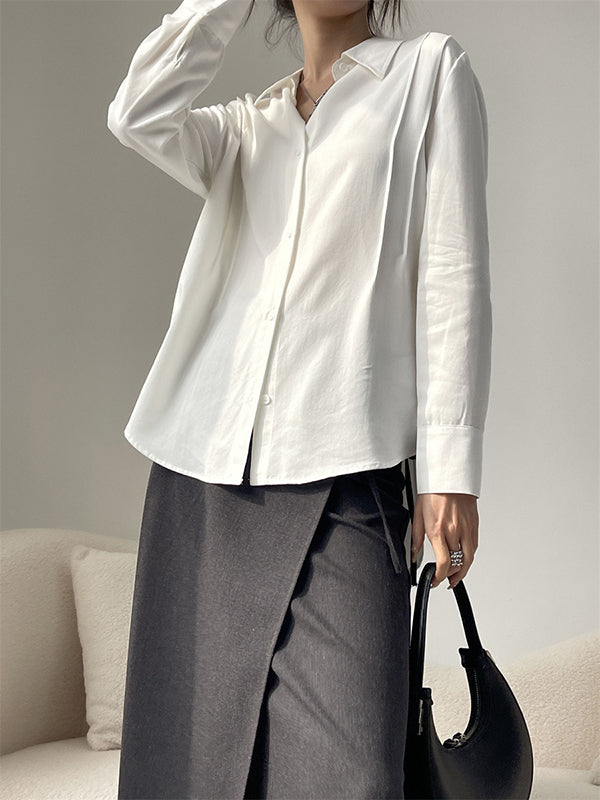 Long Sleeves Loose Pleated Split-Joint Lapel Blouses&Shirts Tops