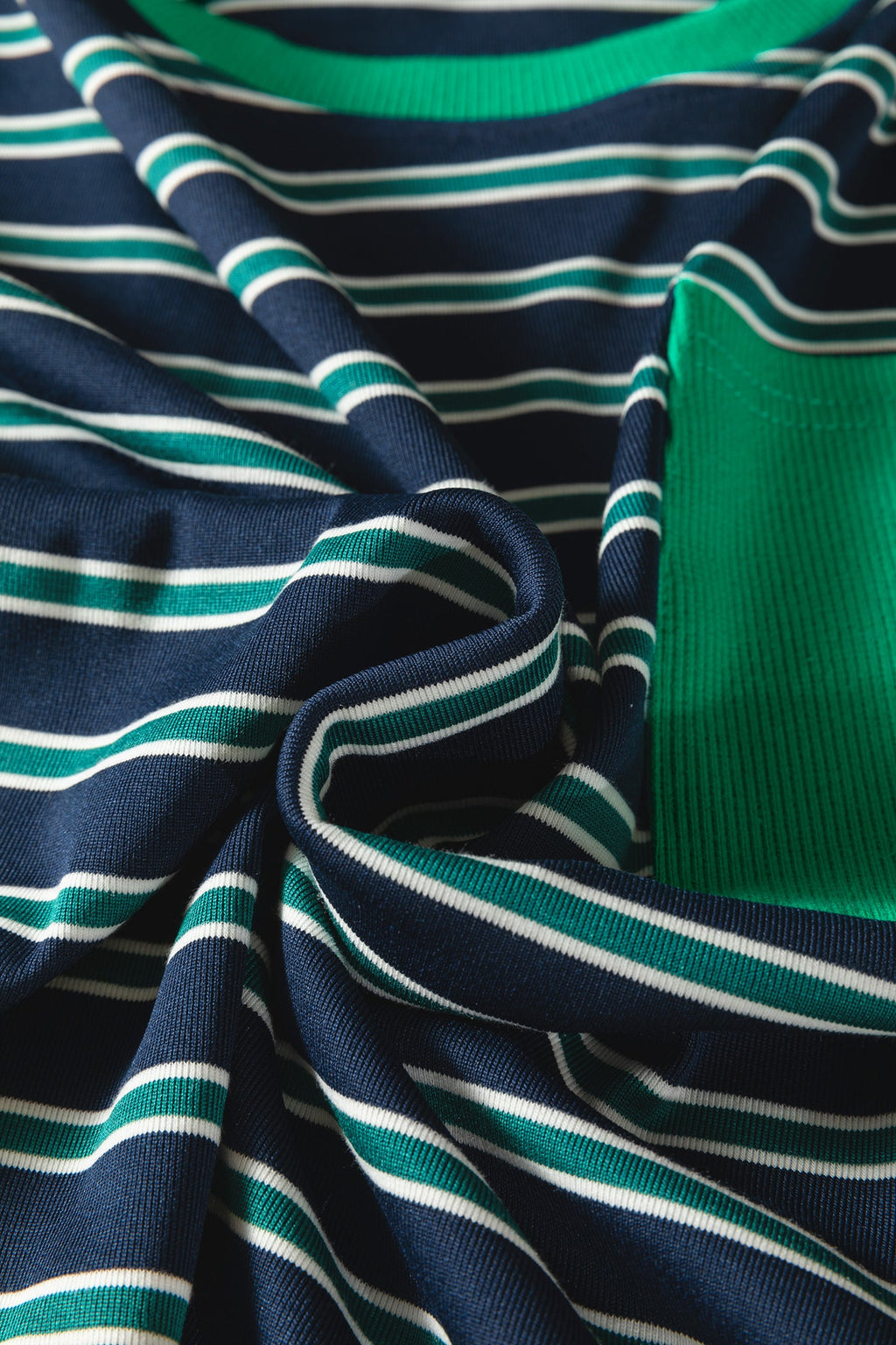 Green Stripe Ribbed Color Block Patchwork Crew Neck Patch Pocket Long Sleeve Top