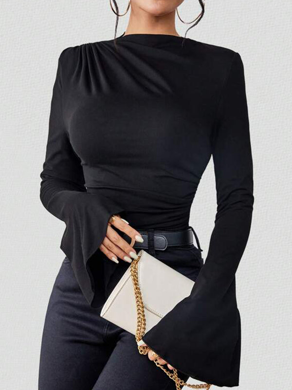 Flared Sleeve Boat Neck Long Sleeve Pleated Solid Color T-Shirt