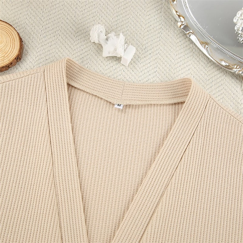 Knitted Bralette and Tie-Waist Cardigan with Long Sleeves and Coordinating Pants Set