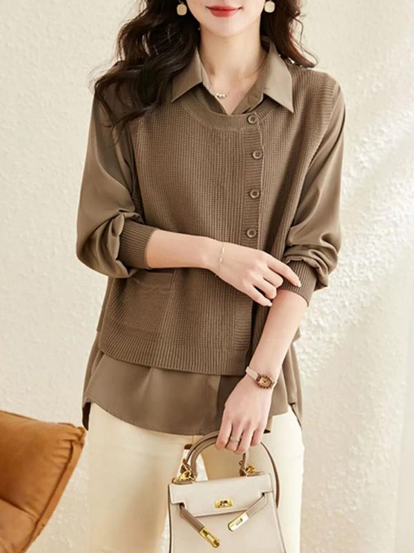 Long Sleeves Loose Solid Color Lapel  Inner Shirt + Buttoned Pockets Outer Knit Vest Two Pieces Set