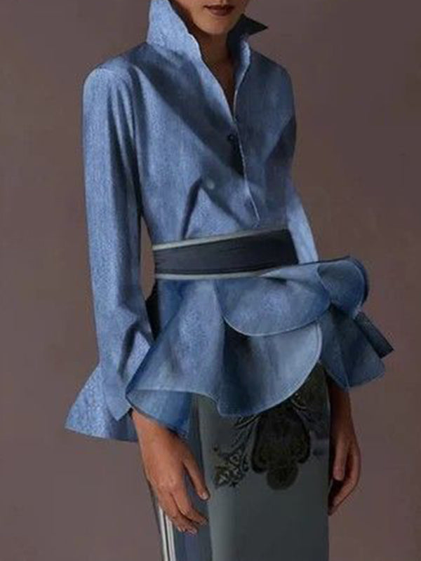 Ruffled Stand Collar Blouse with Belted Buttoned Detail - Long Sleeve Top