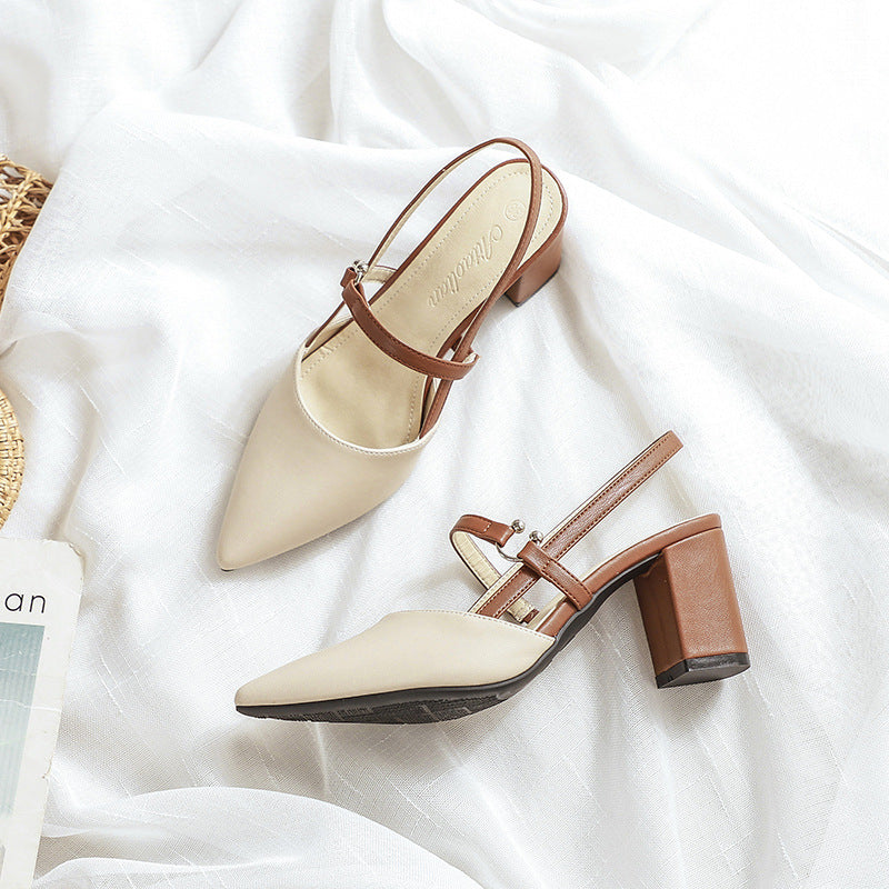 Women's Pointed-Toe Open-Heel Chunky Heel Shoes | T-Strap Buckle High Heels