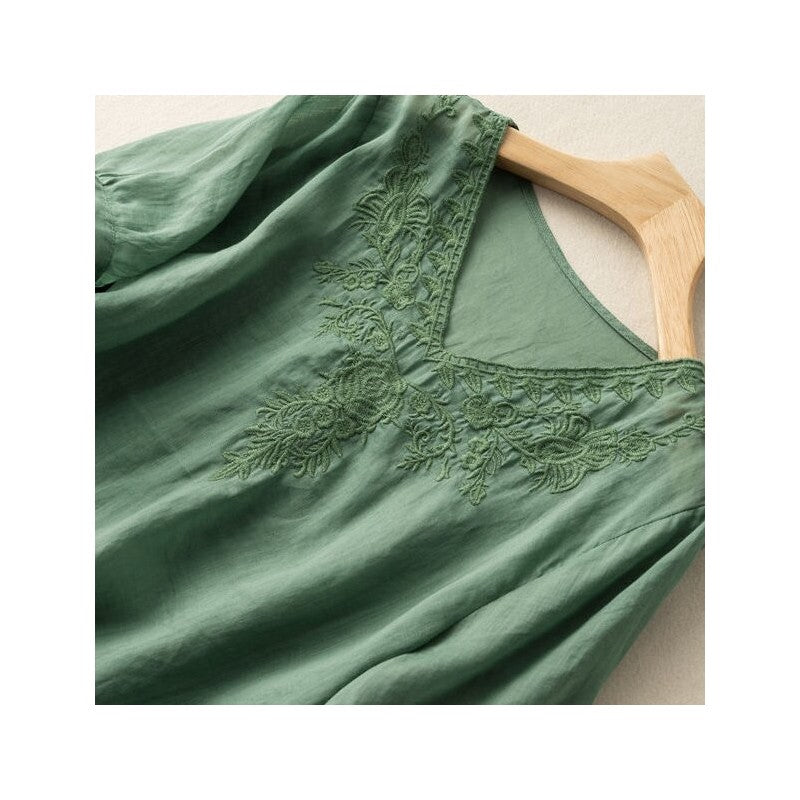 Breathable Loose Fit V-Neck Embroidered T-Shirt