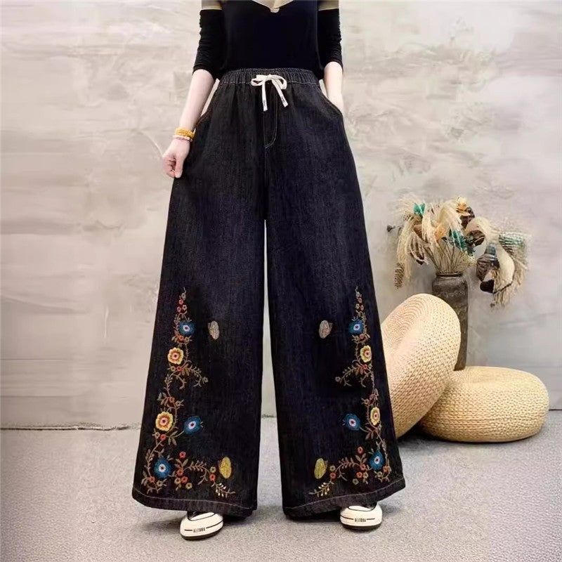 Embroidered High-Waisted Wide Leg Trousers With Tie Waist