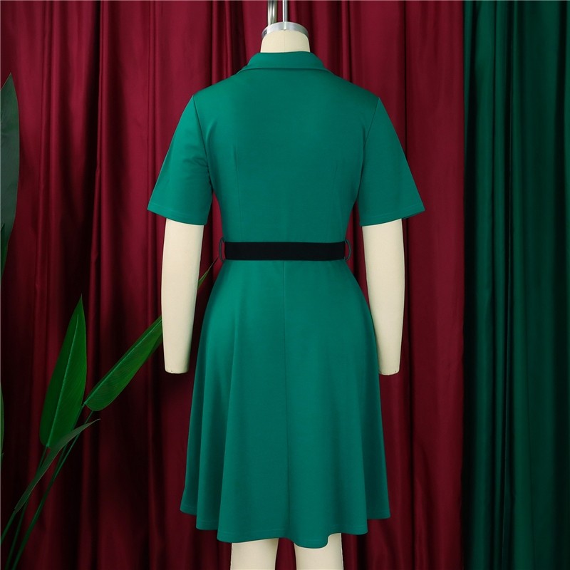 High-Waisted Short Sleeve Solid Color Dress