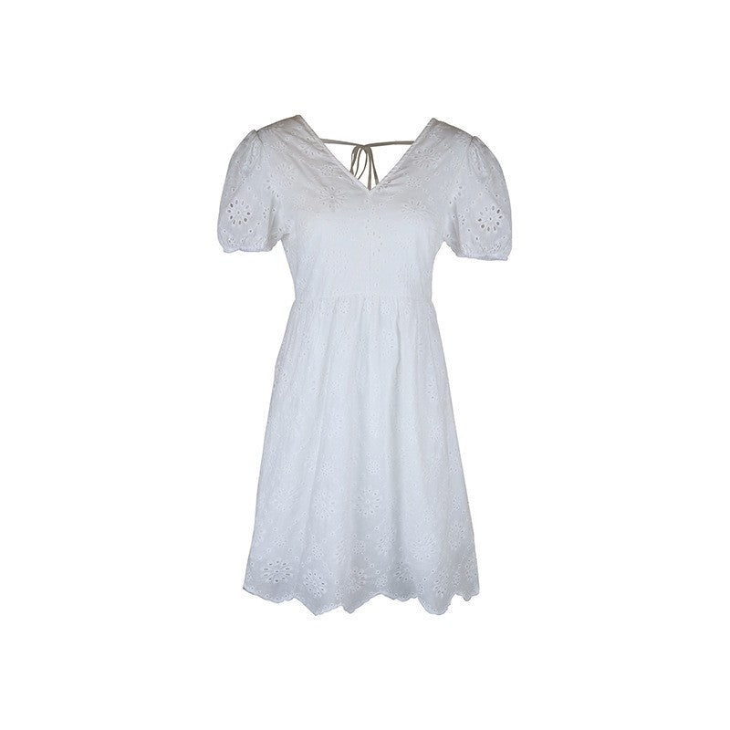 Stylish V-Neck Bubble Sleeve White Dress