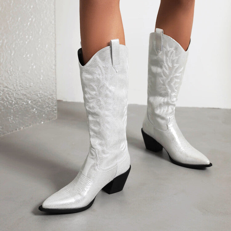 Women's Tall Western Boots – Embroidered Sequin Chunky Heel High Boot | Black, White & Pink