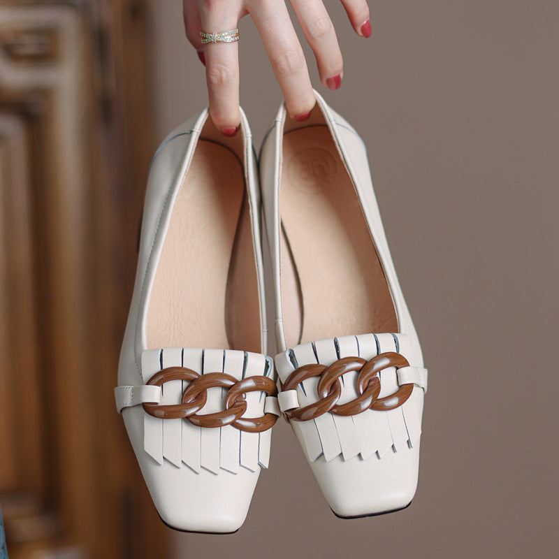Fringed Chunky Heel Peep-Toe Leather Shoes with Chain Detail - Women's Mid Heel Slip-On Dress Shoes
